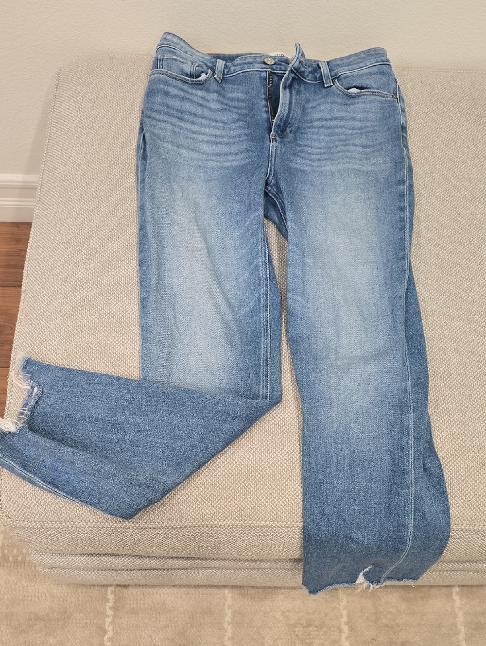 PAIGE Faded Light Blue Straight-Leg Jeans With Frayed Hem
